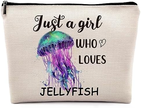 Just a Girl Who Loves Jellyfish Cosmetic Bag, Colourful Jellyfish Themed Makeup Bag Zipper Cosmetic Pouch Bag Travel Linen Makeup Organizer, Ocean Animal Gifts for Women Girls Teens Her by Dwept