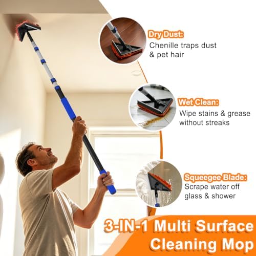 AgiiMan 10FT Reach Duster Cleaner Kit with 1.1-4.4FT Extension Pole, Window Squeegee and Duster Kit, Triangle Baseboard Cleaner Tool for Windows, Glass , Flooring and Walls - Image 3