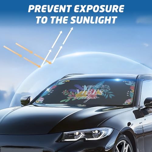 Windshield Sun Shade for Car, 63"x28.5" Universal Fit Front Window Sunshade with Double Steel Ring Frame, Car Sun Shade, UV Protection Windshield Cover with Storage Pouch (Good Vibes) - Image 4