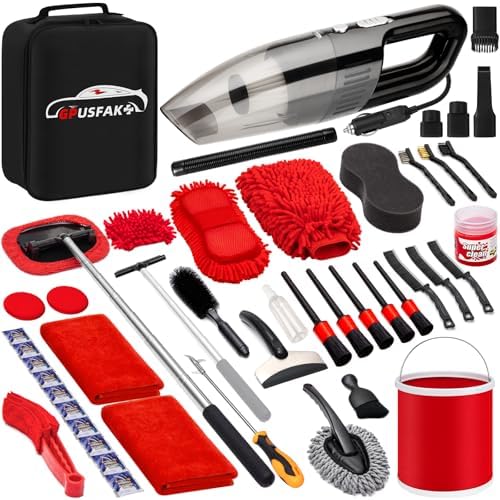 47Pcs Car Wash Cleaning Kit with High Power Handheld Vacuum Windshield Cleaning Tool with Side Mirror Squeegee Bucket Detailing Brushes Tire Brush Towels Complete Detailing Set for Car by GPUSFAK