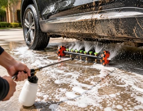 16" Undercarriage Pressure Washer Water Broom with Foam Cannon - 360° Omnidirectional Wheels,4000 PSI Car Undercarriage Cleaner,1/4" Quick Connect, 8 Nozzles + 3 Extension Wands - Image 3