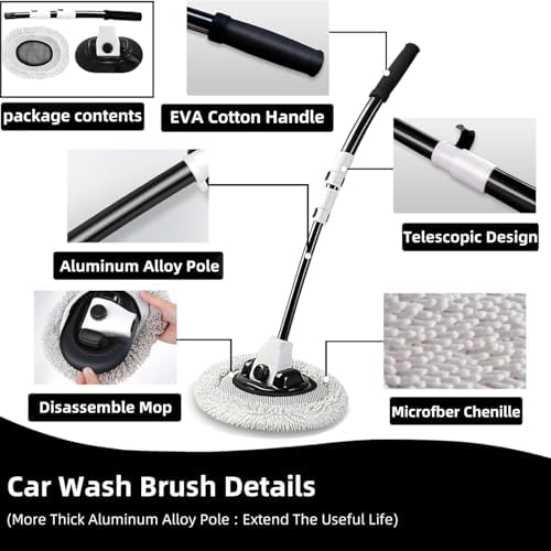 WillingHeart 15° Curved Car Wash Brush with Long Handle 43" Microfiber Cleaning Mop Telescopic Extension Pole for Caravan RV Truck Auto SUV Wheel Boat Exterior 2 in1 Carwash Duster Scratch Free, White - Image 3