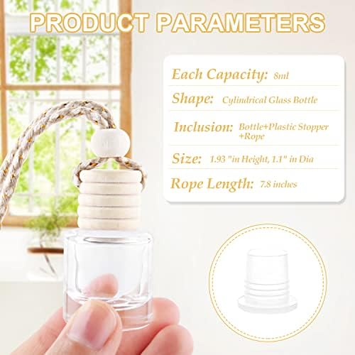 50 Pcs/Set,8ml Hanging Car Air Freshener Diffuser,Empty Refillable Clear Glass Essential Oil Fragrance Perfume Diffuser Pendant Glass Vials with Wooden Caps & Hanging String,Cylindrical Style - Image 2