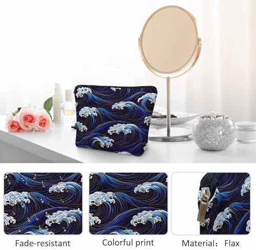 Women Cosmetic Bag Japanese Waves, Traditional Ocean Wave Blue Cute Makeup Bag For Purse Cosmetic Travel Bag For Toiletries Makeup Storage Bag Flax Skincare Bag Make Up Pouch Bags - Image 5