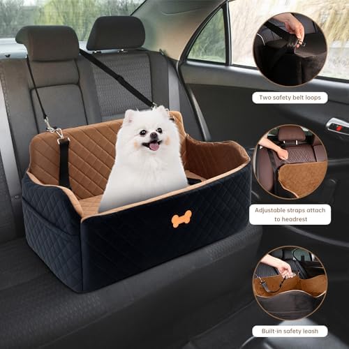 Car Seat for Large Size Dog, Booster Seat for Dogs Under 55 lbs or 2 Small Dogs, Soft Car Dog Bed Filling in Thick Memory Foam with 2 Safety Leashes and Storage Pocket (Brown/Black) - Image 7