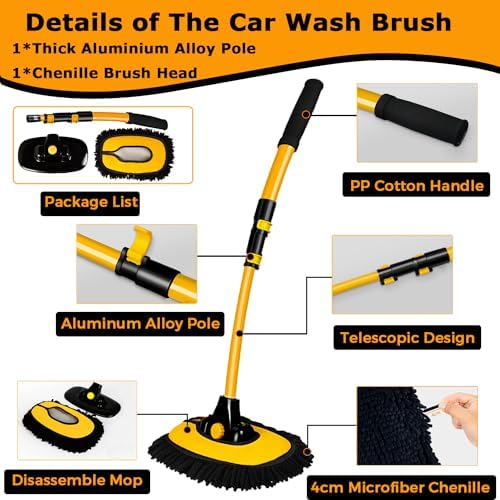 WillingHeart 15° Curved Car Wash Brush with Long Handle 43" Extension Pole RV Truck Microfiber Cleaning Mop Auto SUV Wheel Boat Exterior Interior Detailing 2 in 1 Carwash Duster Not Hurt Paint, Yellow - Image 3