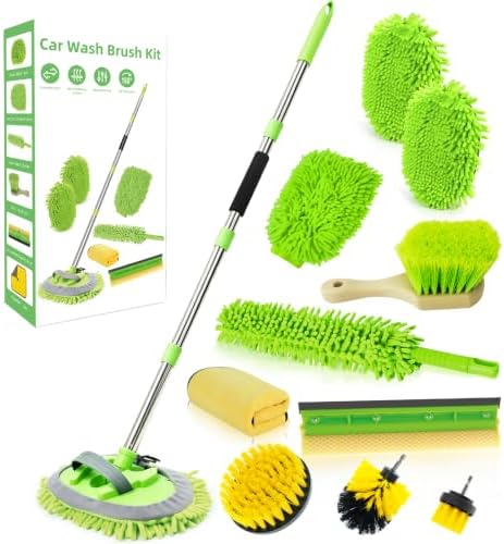 62" Car Wash Brush with Long Handle Chenille Microfiber Car Wash Mop Mitt, Wheel Brush, Windshield Window Squeegee, Car Duster Microfiber Towel, Gloves, Drill Brush, for Cleaning Cars RV Truck Boat by ETOUPA