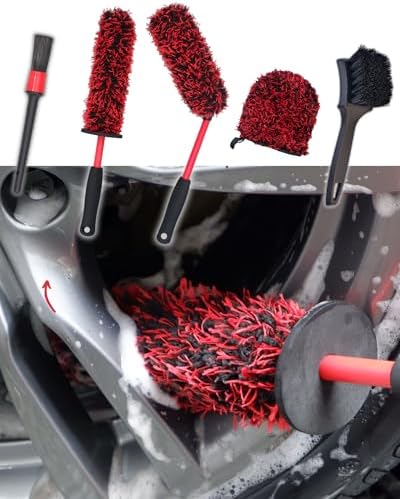 oesee Professional 4 Pack Long Handle Wheel Brush Kit for Cleaning Wheel and Tire- 2X Soft Wheel Cleaning Brush, Detailing Brush and Stiff Tire Brush, Bendable& Durable Wheel Rim Cleaner Brush Set by OeSee