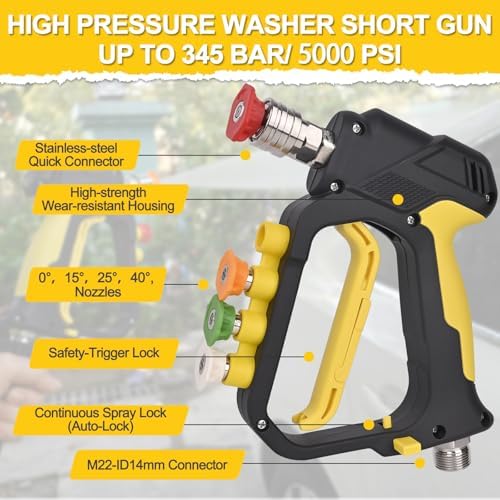 BEAR FORCE High Pressure Washer Short Spray Gun Inlet M22-ID14mm Max 5000 PSI with Nozzle Tips Holder & M22-15mm Connector & 3/8'' Quick Connector Swivel, Power Washer Gun Compatible with Foam Cannon - Image 5