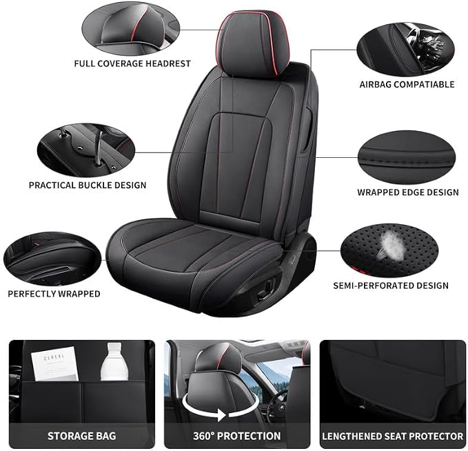 Car Seat Covers Full Set Custom Fit for Acura ILX 2013-2022 , Black&Red | Premium Faux Leather, Waterproof, Anti-Slip, Airbag Compatible, Breathable, Car Seat Protectors, 2 Rows 5 Seats - Image 3