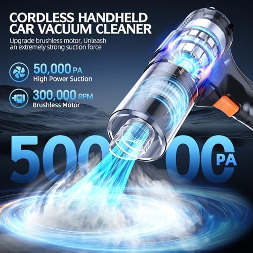 Car Vacuum Portable Cordless, 50000Pa Strong Suction Brushless Motor, Handheld Vacuum with 2 Batteries & Charger, 6-in-1 Rechargeable Vacuum Cleaners for Home, Pet Hair & Keyboard Ink Black - Image 2