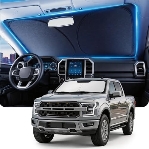 DMJN Front Windshield Sun Shade for Ford F150 F250 F350 F450 (2021-2026), [Nano Ice-Crystal Coatings] UPF50+ Heat & UV Block, Protect Car Interior & Keep Cool, Flodable Steel-Ring Car Cover for Summer by DMJN