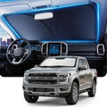 DMJN Front Windshield Sun Shade for Ford F150 F250 F350 F450 (2015-2020), [Nano Ice-Crystal Coatings] UPF50+ Heat & UV Block, Protect Car Interior & Keep Cool, Flodable Steel-Ring Car Cover for Summer by DMJN