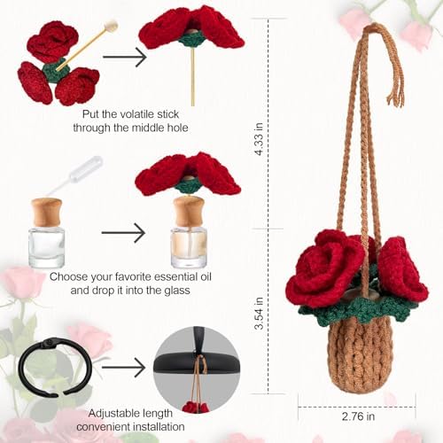 Crochet Car Charm With Empty Refillable Oil Diffuser Bottle. Crochet Plant for Car Rearview Mirror Decor, Handmade Home and Office Decor (Rose) - Image 3