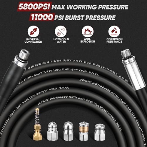 100FT Sewer Jetter Kit for Pressure Washer, 5800 PSI Drain Cleaning Hose with 5 Jet Nozzles & 2 Adapters, Compatible with Spray Guns and Power Washers, Ideal for Clogged Pipes and Drains - Image 3