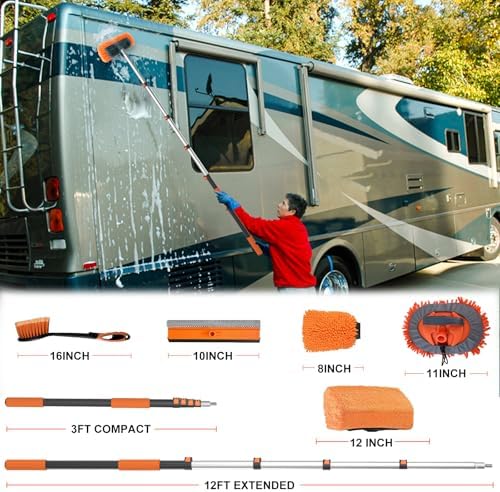 Buyplus 18FT Reach Car Wash Brush with Long Handle - Car Cleaning Kit with 3-12FT Extension Pole, Wheel Brush, Microfiber Cleaning Mop, Mitt, Window Squeegee for RV Truck SUV Boat Solar Pane Washing - Image 2