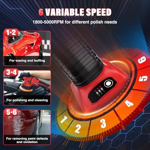 VERVEWAVE Cordless Buffer Polisher Kit for Milwaukee 18V/M18 Battery (No Battery), 6-Inch Orbital Car Polisher 6 Speed 1800—5500 RPM, 17PCS Polishing Accessories, for Car Polishing/Waxing (Tool Only) - Image 5