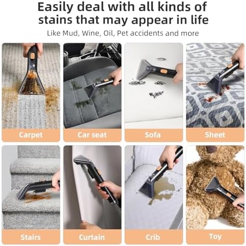 Slevoo 450W Portable Carpet Cleaner Machine with 1 Bottle Cleaning Solutions, Strong Suction Upholstery and Furniture Cleaner for Cleaning Stairs, Car Interiors, for Pet Footprint, Dust, Oil (Orange) - Image 6