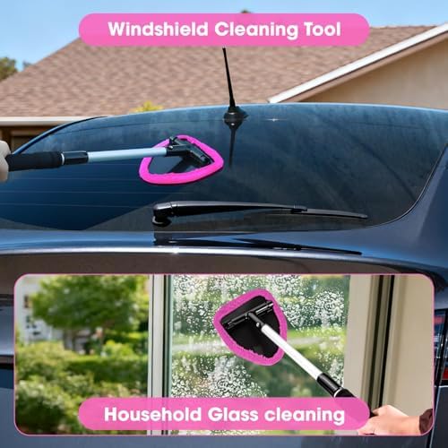 Pink Windshield Cleaner Tool, Car Interior Cleaning Kit with Extendable Handle and 3 Reusable Microfiber Pads, Auto Glass Wiper and Detailing Brush Kit for Car & Home Window - Image 2