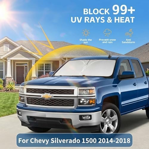 Windshield Sun Shade for Chevy/Chevrolet Silverado 1500 Accessories 2014-2018 Front Window Shade Custom Fit Silverado 1500 Sun Visor Foldable Shade Blocks UV Rays Summer Must Have Car Accessories - Image 2