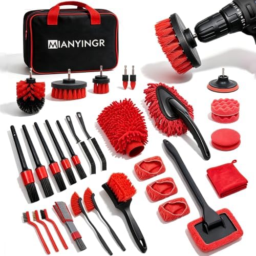 32Pcs Red Car Detailing Kit – Brush Set & Cleaning Kit with Drill Brush, Polishing/Waxing Pads, Interior/Exterior Tools for Wheels & Windshield – Portable Handbag by Unknown