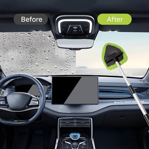 Qydipclin 7pcs Windshield Cleaner Tool Car Window Cleaning Wash Kit with 4 Reusable Microfiber Pads 1 Spray Bottle and Extendable Handle Auto Glass Wiper Kit, Green - Image 3