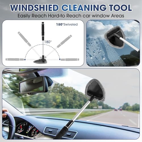 Gray Windshield Cleaner Tool, Car Interior Cleaning Kit with Extendable Handle and 3 Reusable Microfiber Pads, Auto Glass Wiper and Detailing Brush Kit for Car & Home Window - Image 5