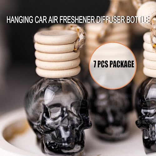 7 Pcs 8ml Hanging Car Air Freshener Diffuser,Empty Black Gradient Glass Essential Diffuser Oil Aromatherapy Fragrance Perfume Pendant Glass Vials with Wooden Caps (Skull, 8ml) - Image 2
