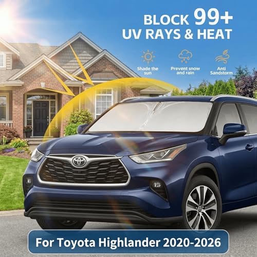 Windshield Sun Shade for Toyota Highlander 2020-2025 2026 Front Window Shade Custom Fit Highlander L LE XLE Limited Platinum Sun Visor Foldable Shade Blocks UV Rays Summer Must Have Accessories - Image 2