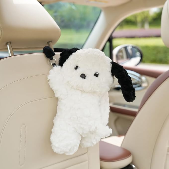 Plush Puppy Car Tissue Box Holder – Cute Crawling Dog Design, Hanging or Dashboard Use, Soft Style Organizer for Vehicle Interior (White Dog) - Image 3