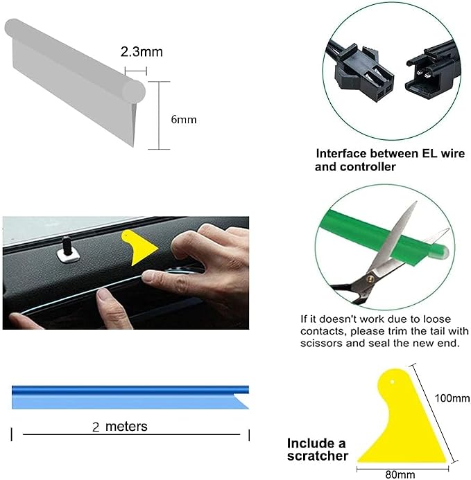El Wire Red Interior Car LED Strip Lights, 2M Neon Wire USB 5V with Fuse Protection for Automotive Interior Decoration, with 6mm Sewing Edge - Image 4