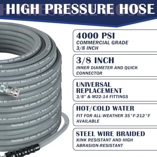 Hourleey Pressure Washer Hose 50FT, Kink Resistant High Tensile Wire Power Washer Hose, Rubber Wire Braided with 3/8" Quick Connect for Hot/Cold Water, 4000 PSI, Gray - Image 5