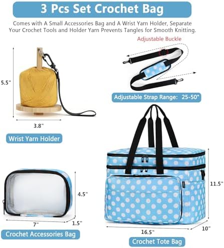 Crochet Organizer Bag with Yarn Holder, Large Yarn Storage for Accessories | 3PCS Crochet Knitting Bag with Accessory Pouch for Hooks, Needles, Travel Tote, Crochet Lovers, Gift for Crafters, No-Tangle - Image 7