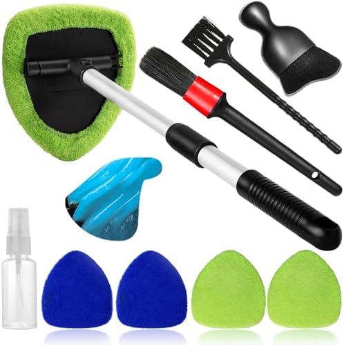 Qydipclin 10pcs Windshield Cleaner Tool, Car Window Cleaning Wash Kit with 4 Reusable Microfiber Pads 1 Spray Bottle and Extendable Handle Auto Glass Wiper Kit, Blue&Green by Qydipclin