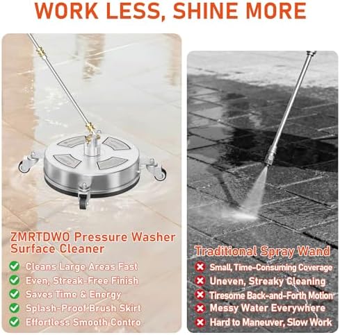 14" Pressure Washer Surface Cleaner with 4 Wheels, 4000 PSI Max Stainless Steel Surface Cleaner for Pressure Washer, 2 Extension Wands, 1/4" Quick Plug, for Concrete, Patio, Sidewalk, Deck - Image 3