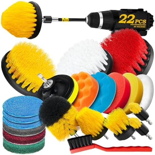 Holikme 22Pack Drill Brush Attachments Set,Scrub Pads & Sponge, Buffing Pads,Power Scrubber Brush,Car Polishing Pad Kit,Wax Applicator Pad,Car Cleaning Kit,Masonry Brushes,Cleaning Supplies by Holikme