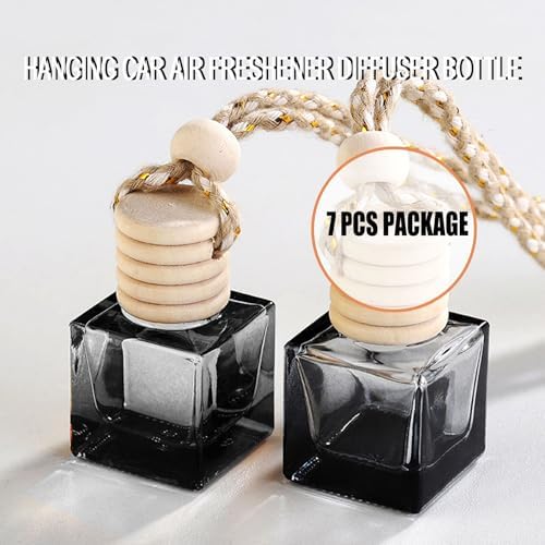 7 Pcs 8ml Hanging Car Air Freshener Diffuser,Empty Black Gradient Glass Essential Diffuser Oil Aromatherapy Fragrance Perfume Pendant Glass Vials with Wooden Caps (Square, 8ml) - Image 2