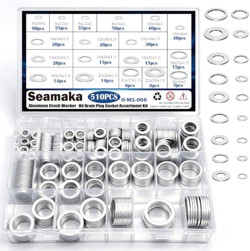 510PCS Oil Crush Washer,18 Sizes Oil Drain Plug Gaskets Assortment Kit,Automotive Aluminum Drain Plug Washer M6 M8 M10 M12 M14 M16 M18 M20 M22 M24 by Seamaka