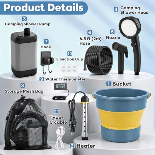 2026 Upgraded Portable Shower with Heater, 6000mAh Rechargeable Camping Shower Pump with LED Display, 3 Spray Modes 5 Gal Foldable Bucket, Outdoor Shower for Hiking RV Travel Pet Bath Car Washing - Image 4