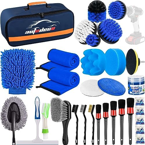 31Pcs Car Detailing Brush Set, Car Detailing Kit, Auto Detailing Drill Brush Set, Car Detailing Brushes, Car Wash Cleaning Tools Kit for Interior, Exterior, Wheels, Blue by AUTODECO