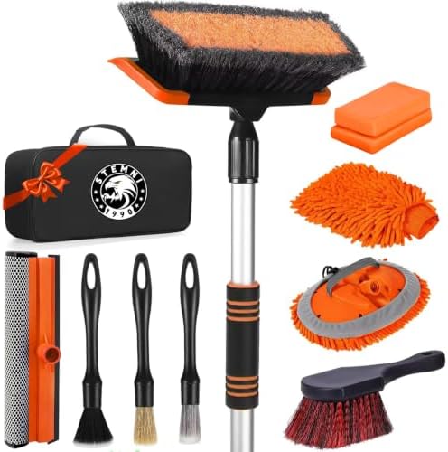 62'' Car Wash Brush with Long Handle, Complete Car Wash Kit, Scratch-Free Car Cleaning Brush Mop Kit with Clay Bar, Wash Mitt, Window Squeegee, Wheel Brush, Storage Bag for Car Truck RV by Stemni