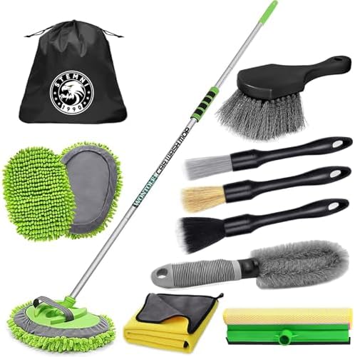 14Pcs Car Wash Kit, 62'' Car Wash Brush with Long Handle, Microfiber Scratch-Free Carwash Brush Mop Mitt Kit Car Car Washing Supplies Cleaning Kit for Cars RV SUV Truck Boat Green by Stemni