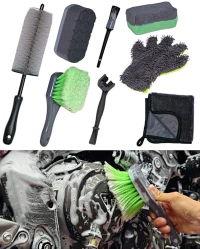 oesee 8 Pack Motorcycle Cleaning Kit - Professional Safe for Chrome/Engine/Tires, Hard Reach Brush, Microfiber Mitt, Detailing Tools, Drying Towel & Wax Applicators by OeSee