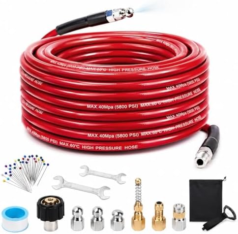 Sewer Jetter Kit for Pressure Washer, 100FT 5800 PSI Drain Cleaner Hose with 1/4" NPT Corner, Rotating and Button Hose Sewer Jetting Nozzle, Waterproof Tape, Pearl Corsage Pin, Spanner, Glove by SEPLY