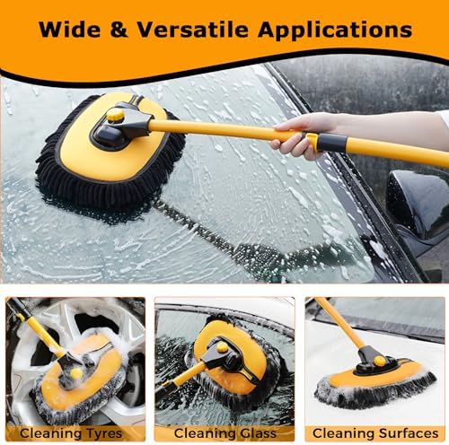 WillingHeart 15° Curved Car Wash Brush with Long Handle 43" Extension Pole RV Truck Microfiber Cleaning Mop Auto SUV Wheel Boat Exterior Interior Detailing 2 in 1 Carwash Duster Not Hurt Paint, Yellow - Image 4