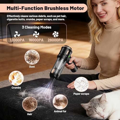 28000Pa Cordless Handheld Vacuum Cleaner, 4-in-1 100W Brushless Motor Car Vacuum with 6000mAh Battery & LCD Display, LED Light & Multi-Nozzles for Car, Home, Office, Pet Hair - Image 6