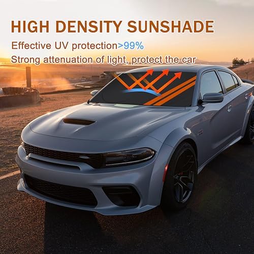 Front Windshield Sun Shade Fit for Dodge Charger Challenger Durango Journey Universal Fit to All Dodge Cars Foldable Sun Visor Protector Custom Fit Dodge Window Sunhade (Black Orange) - Image 2