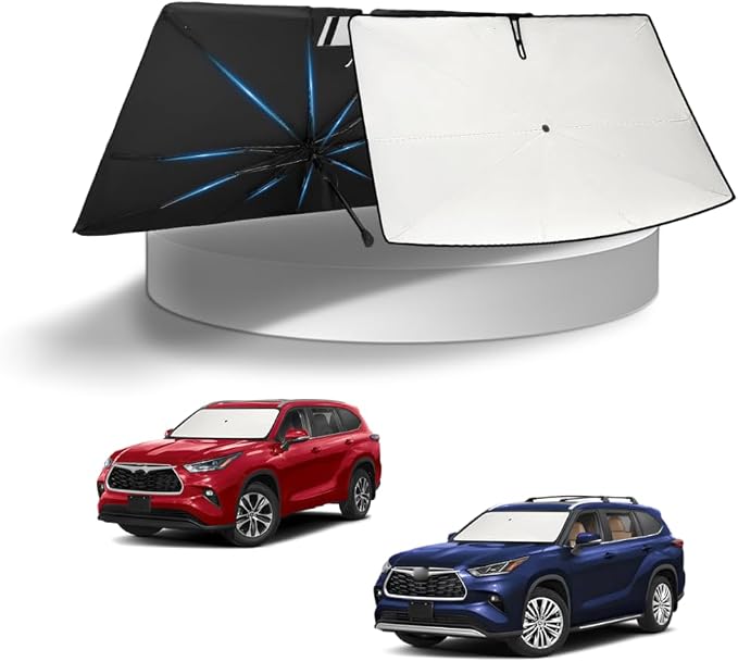 KUST Sun Shade Umbrella for Toyota Highlander 2020-2025 2026 | Custom Fit Windshield Sunshade | Foldable Sunshade with Bendable Handle | Blocks Heat & UV Rays Keep Car Cool Sunshield by KUST
