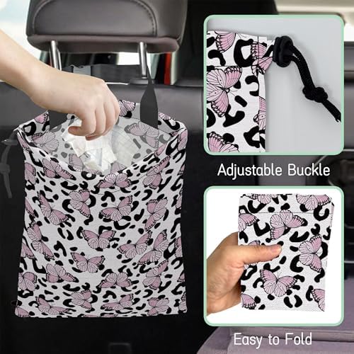Butterfly Car Garbage Bag,Leopard Waterproof Small Car Trash Bag Hanging Back of Seat,Drawstring Hanging Car Trash Bag with Adjustable Buckle for Car Accessories - Image 6