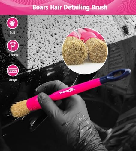 YeewayVeh 6PCS Car Detailing Brush Set, Boars Hair & Ultra Soft, Pink - Image 2